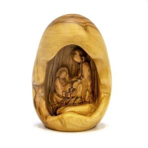Faceless Holy Family Inside Egg Shaped Cave From Olive Wood