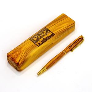 Handmade Olive Wood Ballpoint Pen In “Jerusalem” Display Box