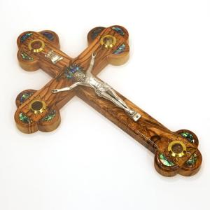 Olive Wood Crucifix Featuring Vials And Inlaid with Mother Of Pearl