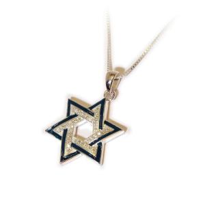 Deluxe Silver Star Of David Pendant With CZ And Blue Enamel