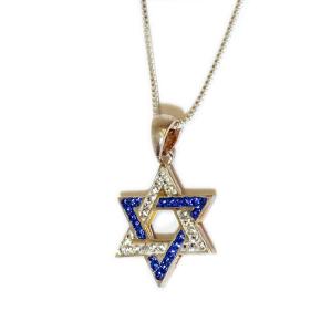 Star Of David Sterling Silver Pendant With Blue And White Swarovski Crystals