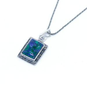 Eilat Stone “King Solomon” Rectangular Sterling  Silver Pendant With Marcasite Stone