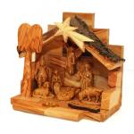 Olive Wood Nativity Scene With Bark Roof Made In The Holy Land