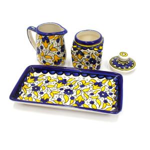 Armenian Ceramic Dish With Milk Jug And Sugar Jar Floral Design