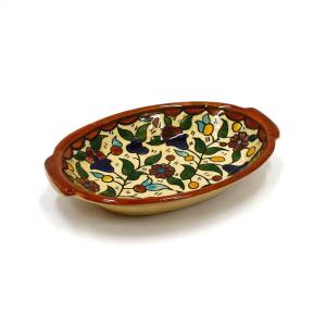 Floral Design Armenian Ceramic Oval Dish Hand Painted In Jerusalem