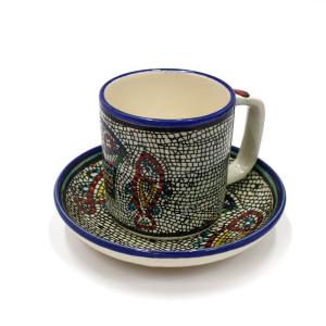 Hand Painted Tabgha Mosaic Armenian Ceramic Espresso Cup And Saucer