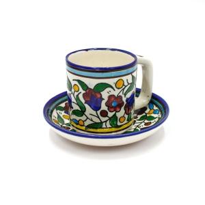 Hand painted Floral Design Armenian Ceramic Espresso Cup and Saucer