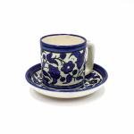 Blue Floral Design Armenian Ceramic Espresso Cup and Saucer