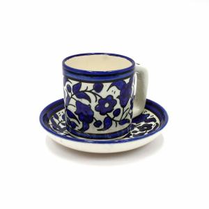 Blue Floral Design Armenian Ceramic Espresso Cup and Saucer