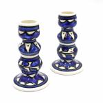 Armenian Ceramic Pair Of  Candlesticks -Blue Floral Design