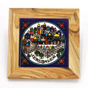 Tile Jerusalem in Armenian Ceramic Style Framed in Olive Wood