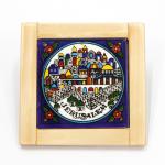 Tile Jerusalem in Armenian Ceramic Style Framed in Olive Wood