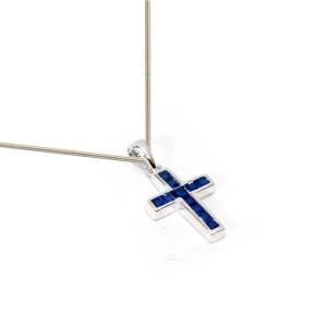 Blue Cubic Zirconia Cross In Sterling Silver