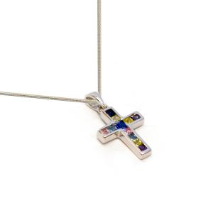 Multi color cross Pendant In Sterling Silver From The Holy Land