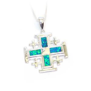 Jerusalem Cross Necklace With Opal And Sterling Silver