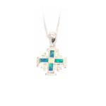 Jerusalem Cross Necklace Doubled Layer In Sterling Silver And Opal