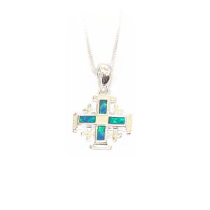 Jerusalem Cross Necklace Doubled Layer In Sterling Silver And Opal