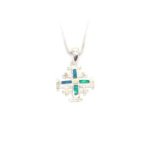 Sterling Silver Jerusalem Cross Pendant With Opal Stones