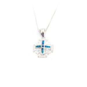 Jerusalem Cross Pendant Doubled Layer In Sterling Silver And Opal Stones
