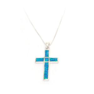 Classic Cross Necklace In Sterling Silver And Opal Stones