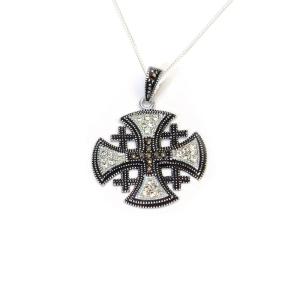 Jerusalem Cross Pendant With Oxidized Silver Marcasite And C Z
