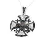 Impressive Sterling Silver Jerusalem Cross Pendant With Marcasite And Cz