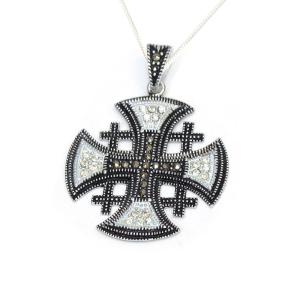 Impressive Sterling Silver Jerusalem Cross Pendant With Marcasite And Cz