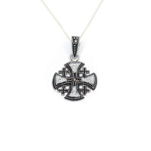 Small Jerusalem Cross Pendant With Marcasite Stone And Cubic Zirconia